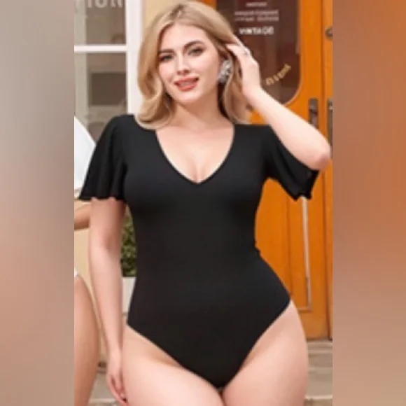 Mangopop XL black V-Neck Bodysuit Flutter Sleeves Stretch - Picture 2 of 9